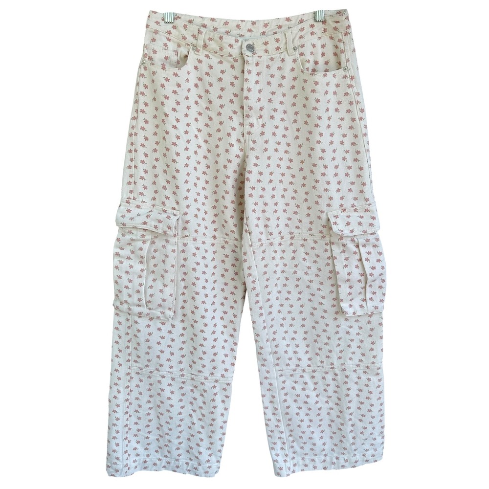 Altar'd State Ellis Ditsy Floral Cargo Pants Cream Wide Leg 100% Cotton Medium